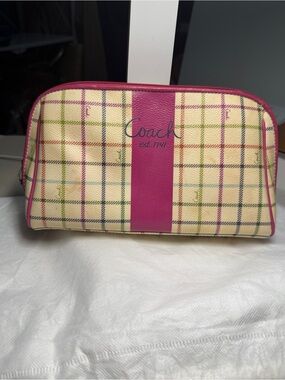 Coach Cream and Pink Plaid Cosmetic Case tattersall